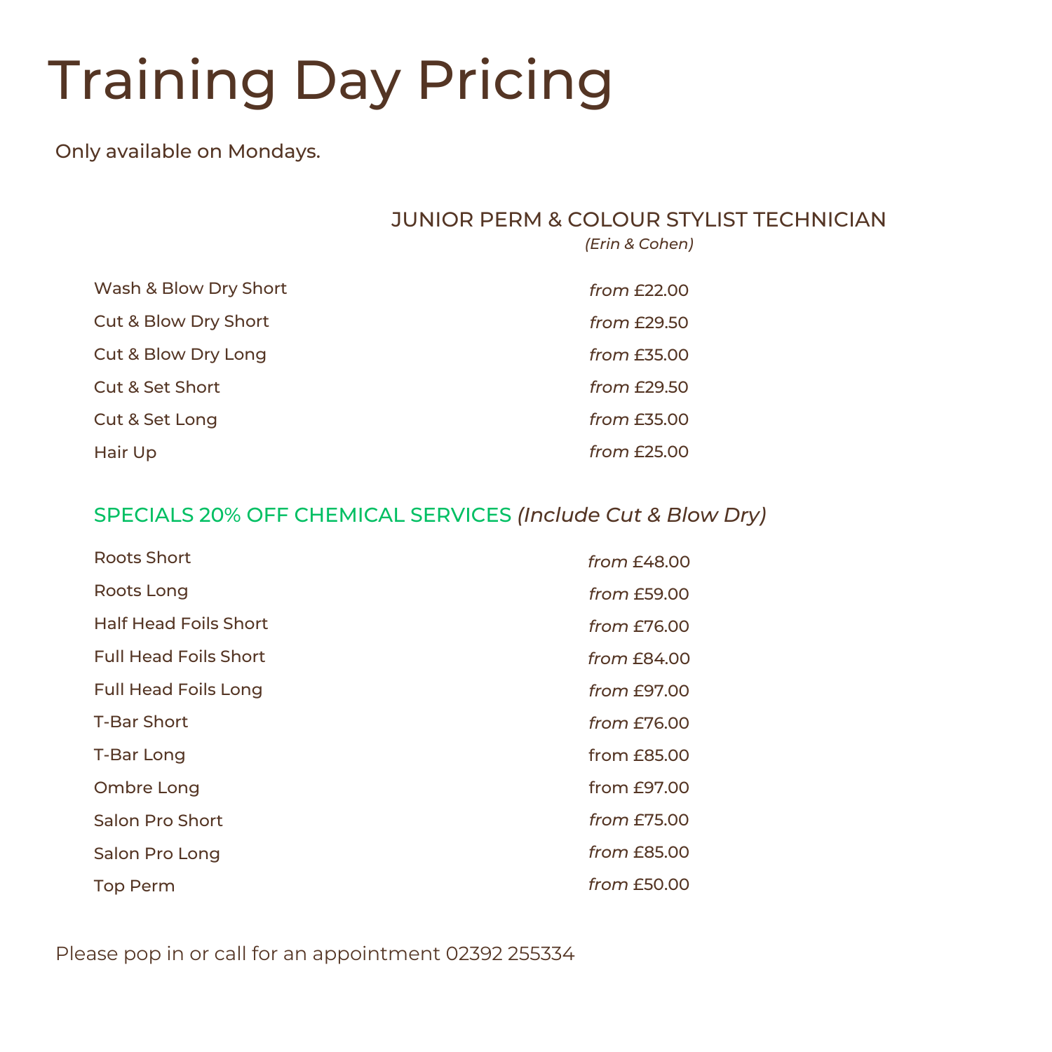 Training Day pricing at Sassy Hair, Denmead